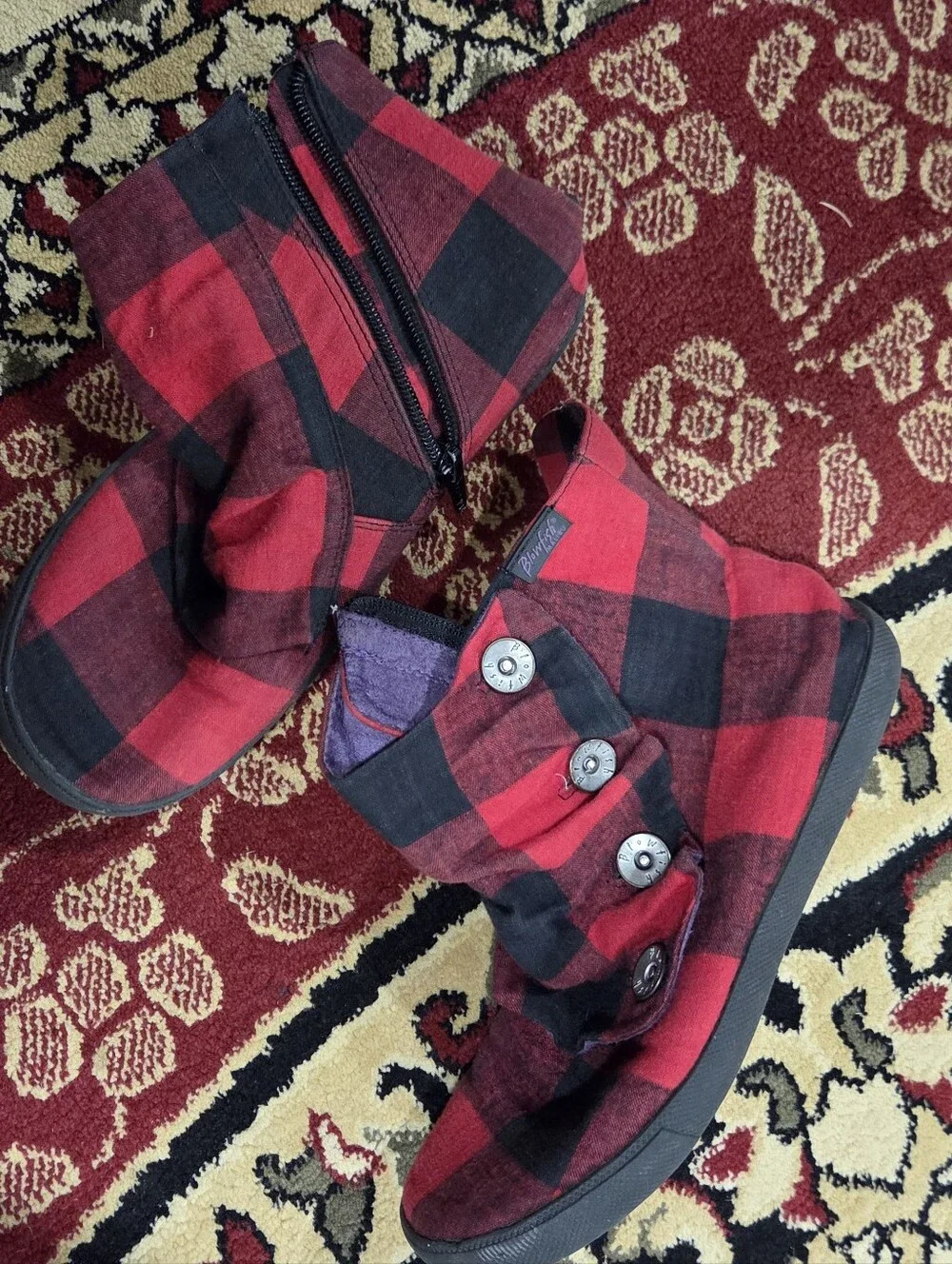 Blowfish Red and Black Plaid Button Ankle Boots for Kids